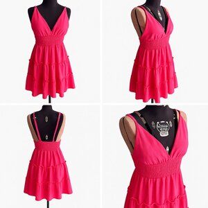Lulus Hot Pink Tiered Cotton Mini Dress, V-Neck Ruched Waist – Size M